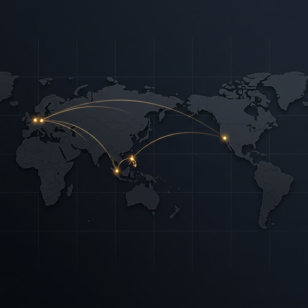 Global presence map showing operations in Manila, Singapore, Netherlands, and Germany